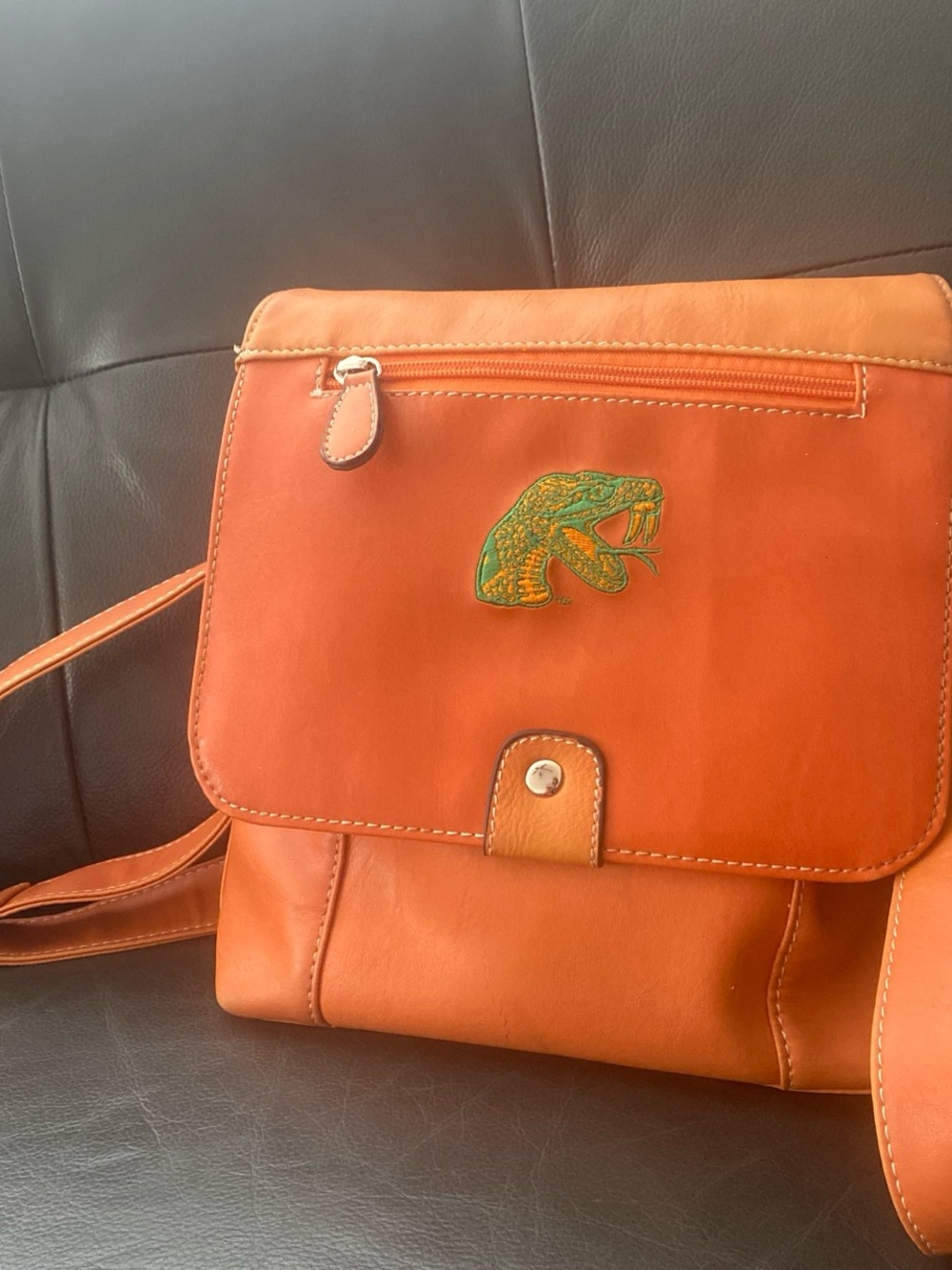 Bellerose Orange Leather Crossbody Bag with Green Embroidered Snake Patch